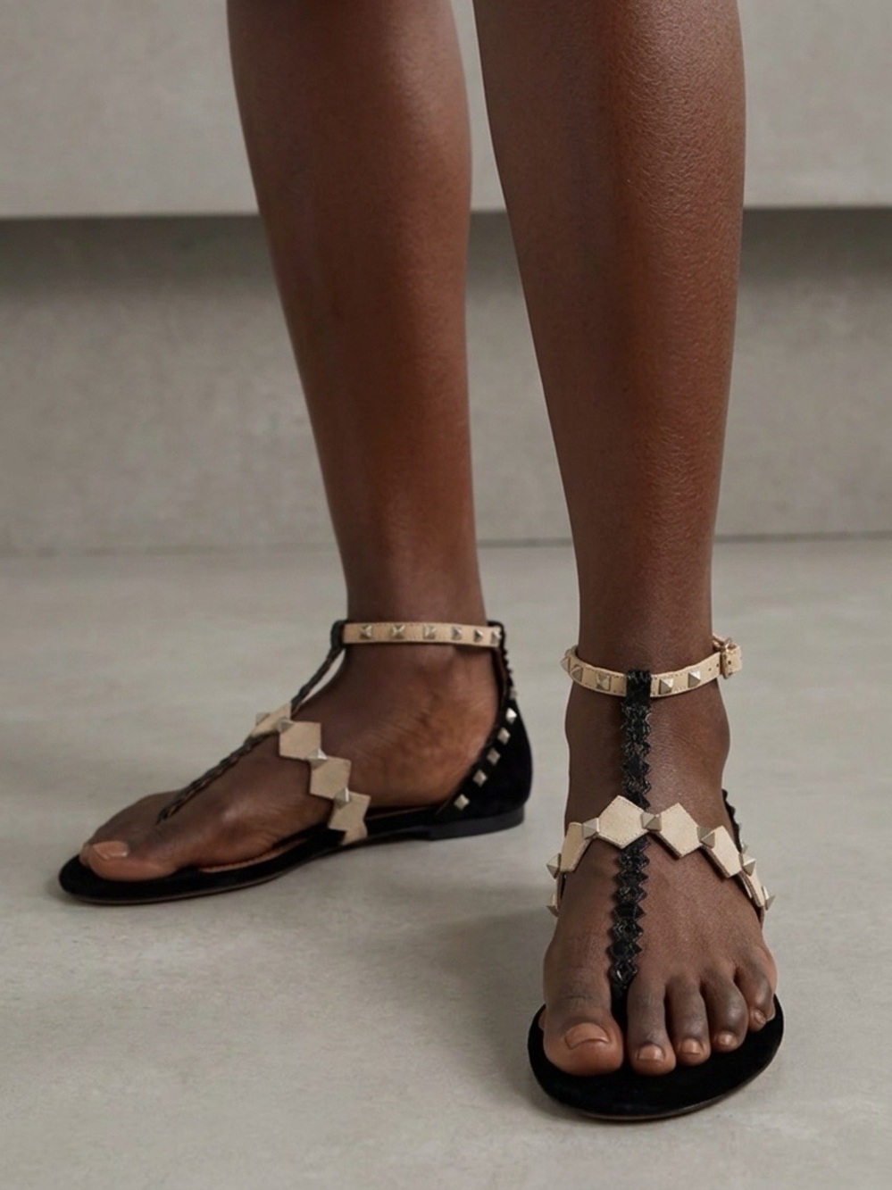Alaia Leather and Suede Flat Sandals, Black and Nude